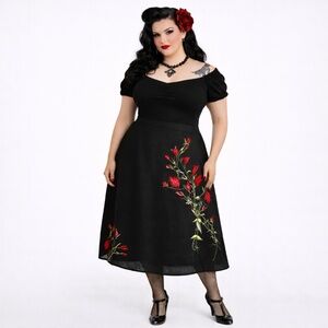 AdditionElle Midi Skirt Linen Black Floral Roses red Embrodered Dark romantic 16
